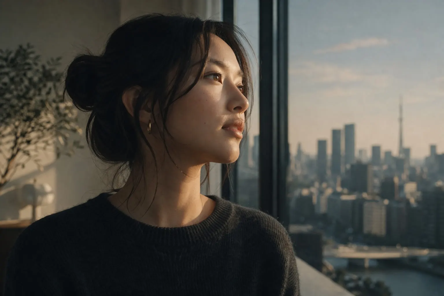 A woman looking out over the city in warm afternoon light